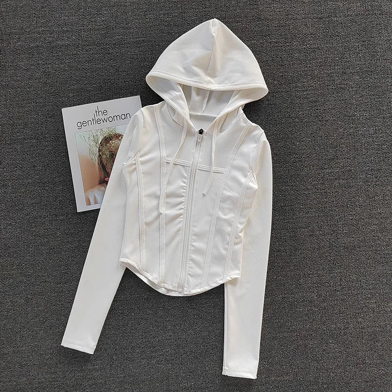 Women’s Cropped Hooded Sports Jacket – Zipper Long Sleeve Activewear