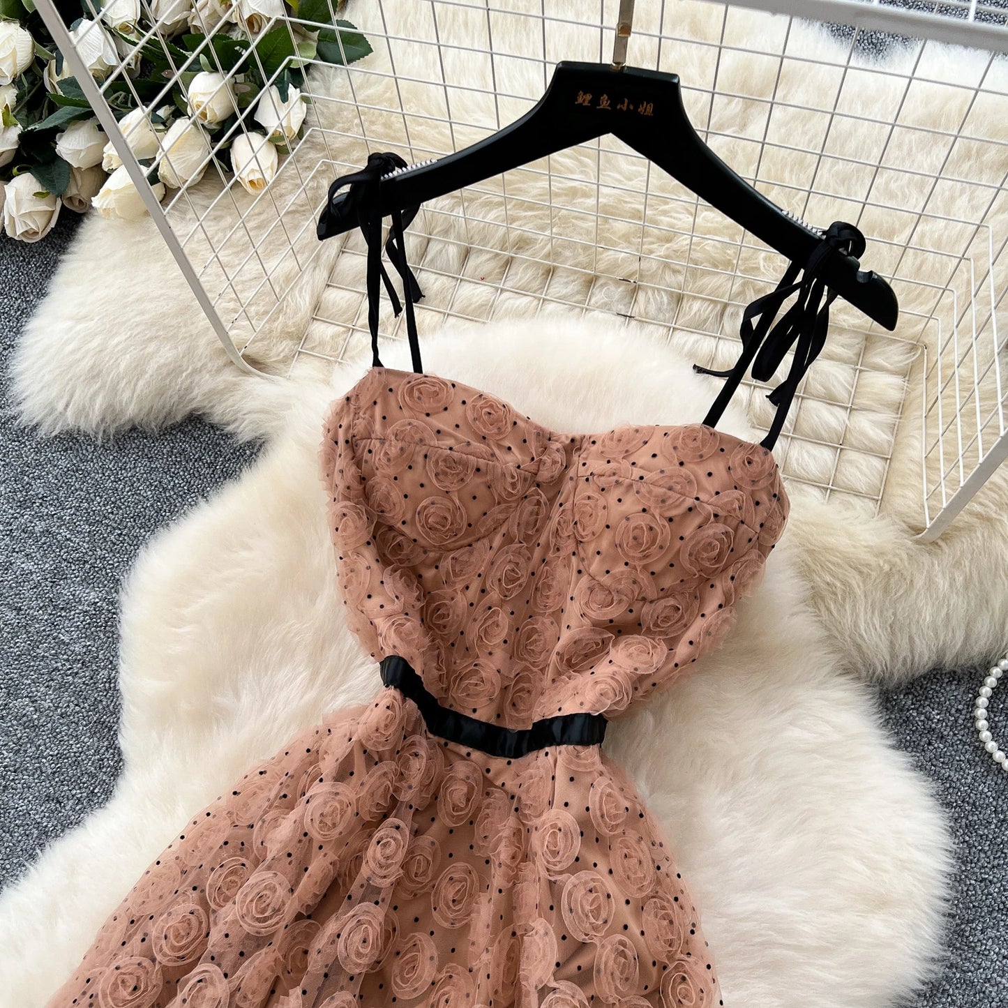 3D Roses Mesh Strap Dress – Backless Irregular Elegant Evening Long Dress