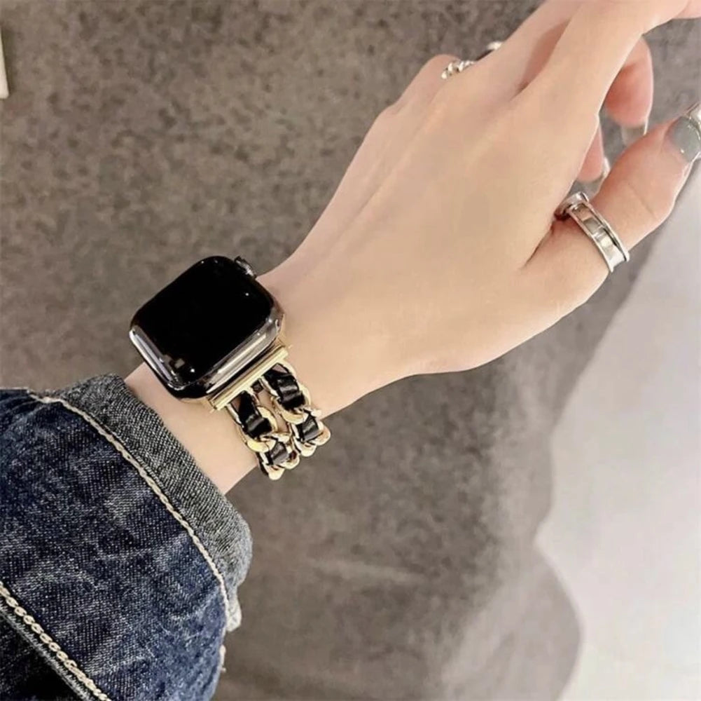 Luxury Leather & Chain Apple Watch Band – Adjustable Black Gold Strap