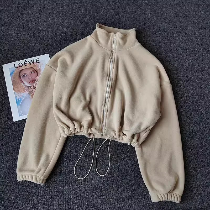 Women’s Fleece-Lined Sports Sweatshirt – Casual Loose Crop Top with Long Sleeves