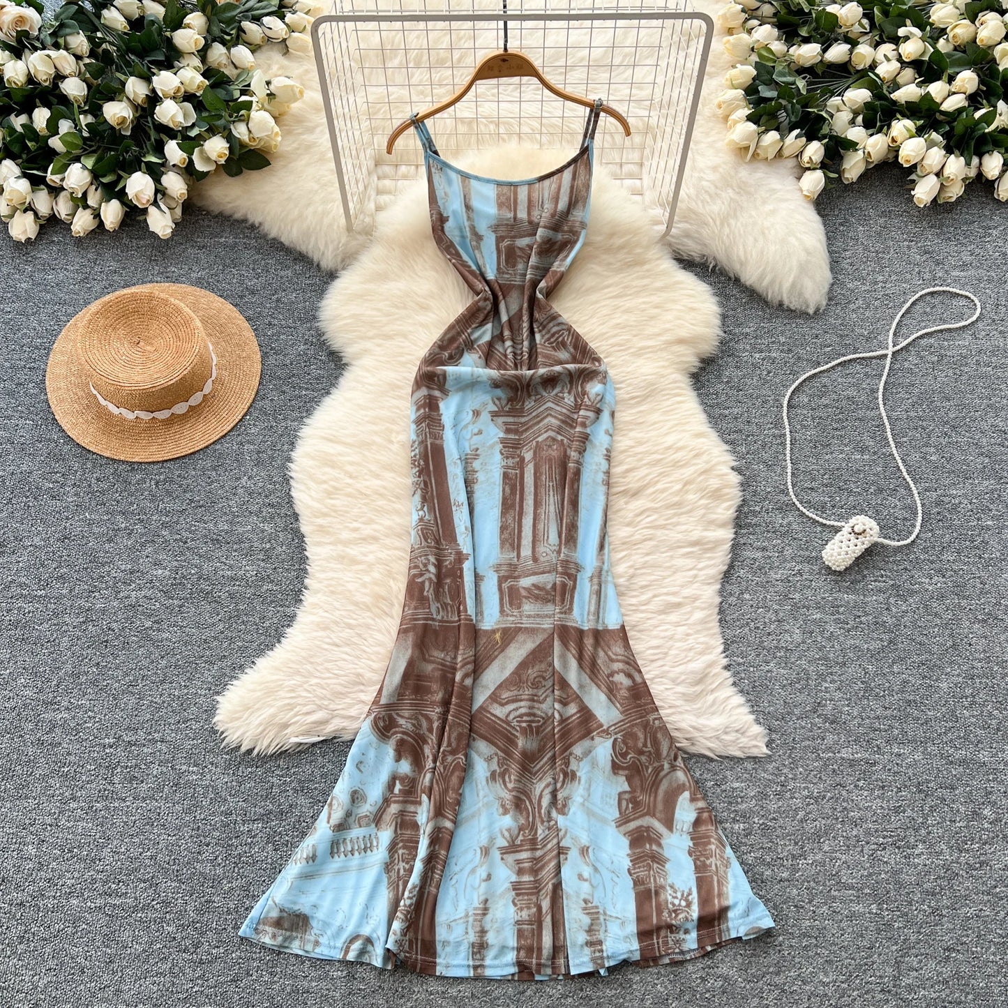 French Print Fishtail Sheath Dress with Spaghetti Straps