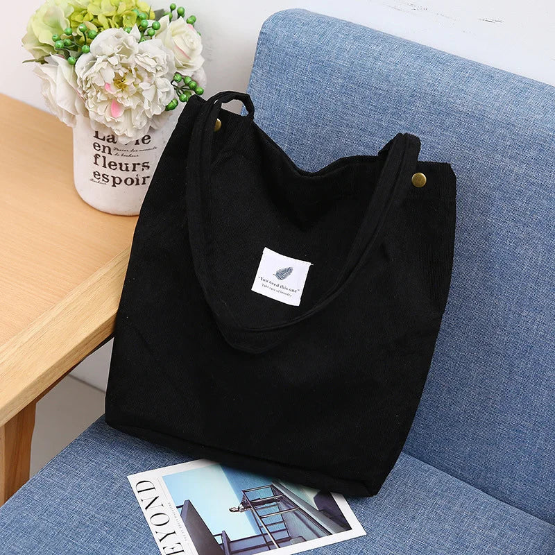 Women’s Cotton Corduroy Shoulder Tote Bag – Reusable Casual Eco Shopping Bag
