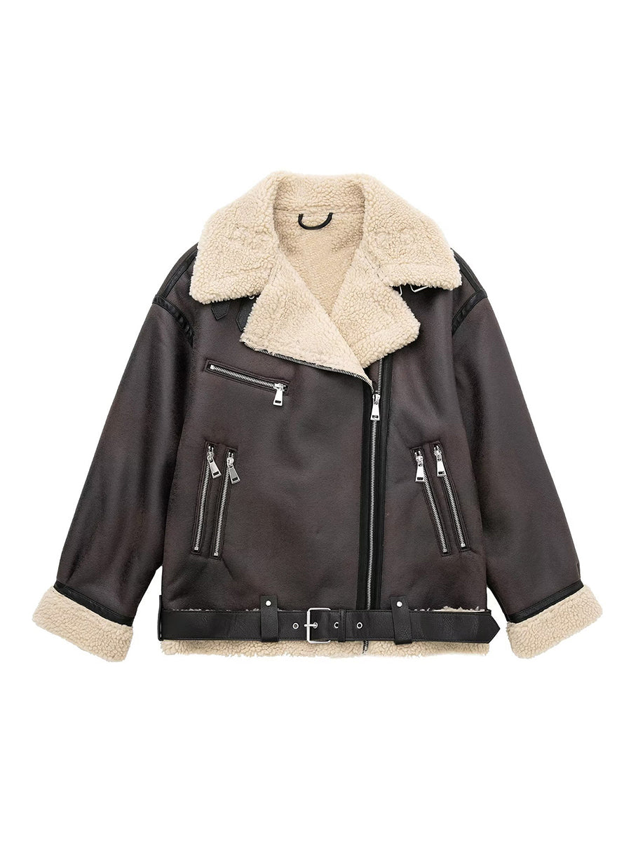 Faux Suede Aviator Jacket with Fur Lining