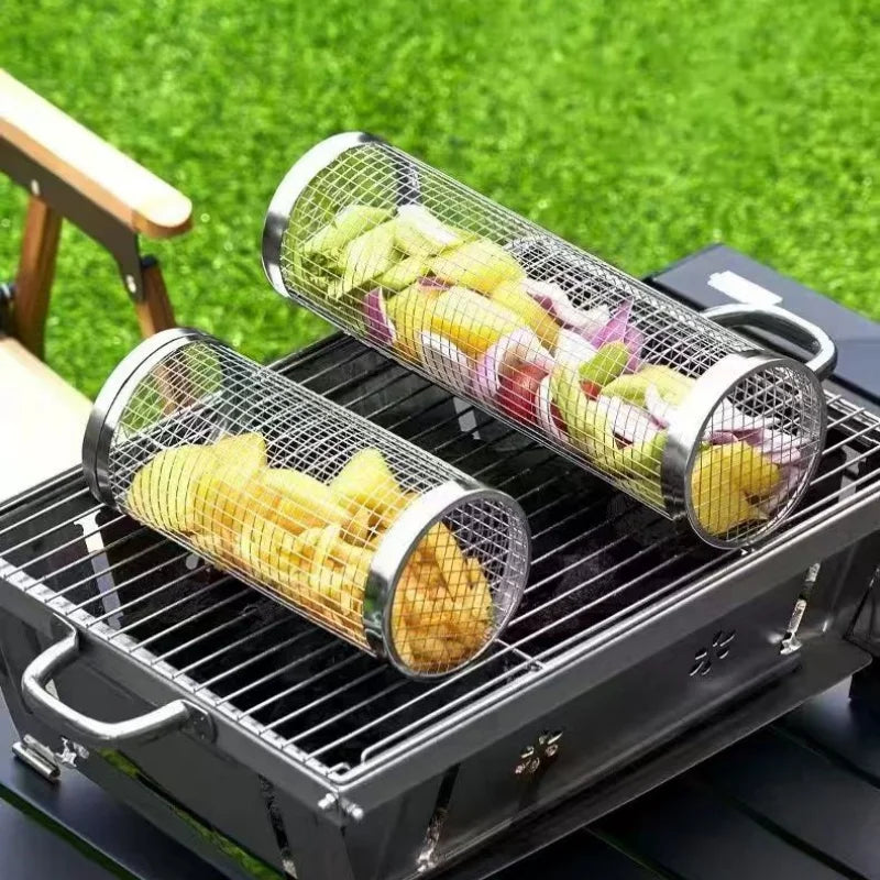 Rotating Stainless Steel BBQ Basket – Mesh Grill Cage for Vegetables, Meat & Fish