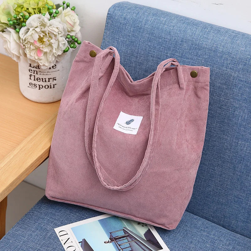 Women’s Cotton Corduroy Shoulder Tote Bag – Reusable Casual Eco Shopping Bag