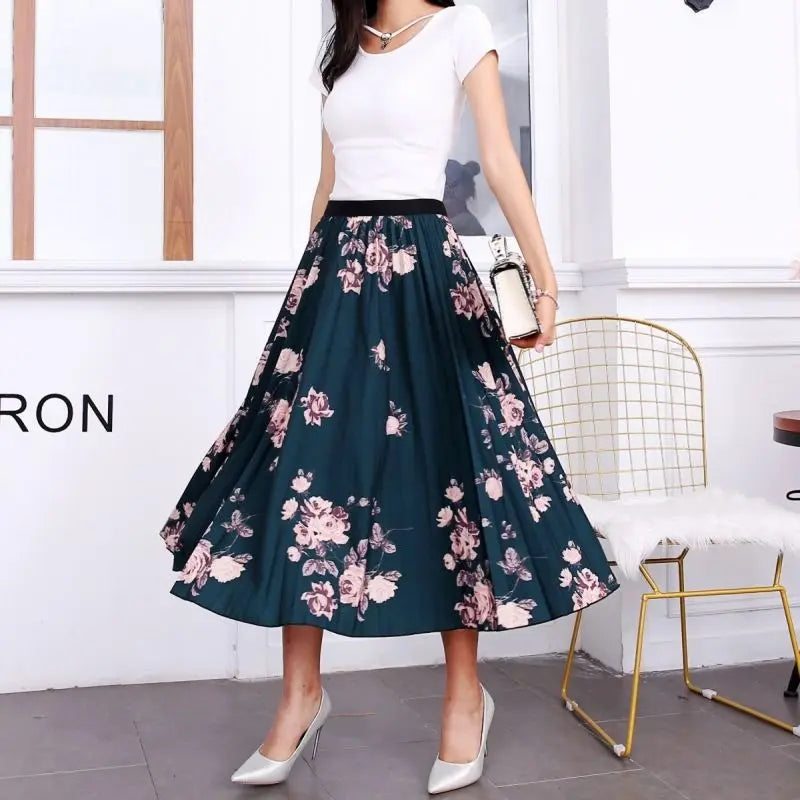 Women’s Cartoon Print Pleated Skirt – High Waist Big Swing Skirt