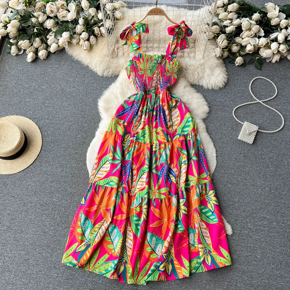 Summer Vacation Spaghetti Strap Floral Sundress – Sleeveless Ruched Backless Maxi Dress