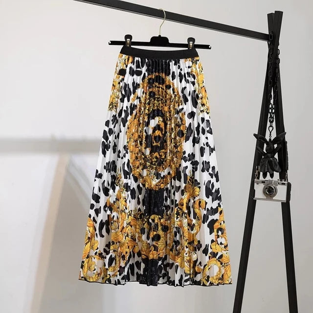 Women’s Cartoon Print Pleated Skirt – High Waist Big Swing Skirt