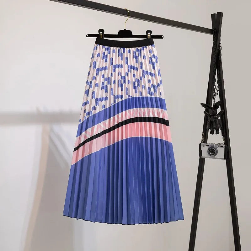 Women’s Cartoon Print Pleated Skirt – High Waist Big Swing Skirt