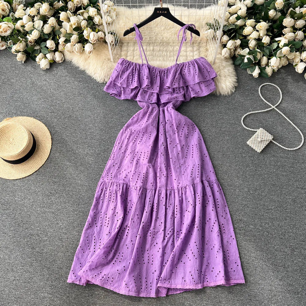 High Street Cotton Embroidery Off-Shoulder Backless Beach Dress – Long Summer Sundress