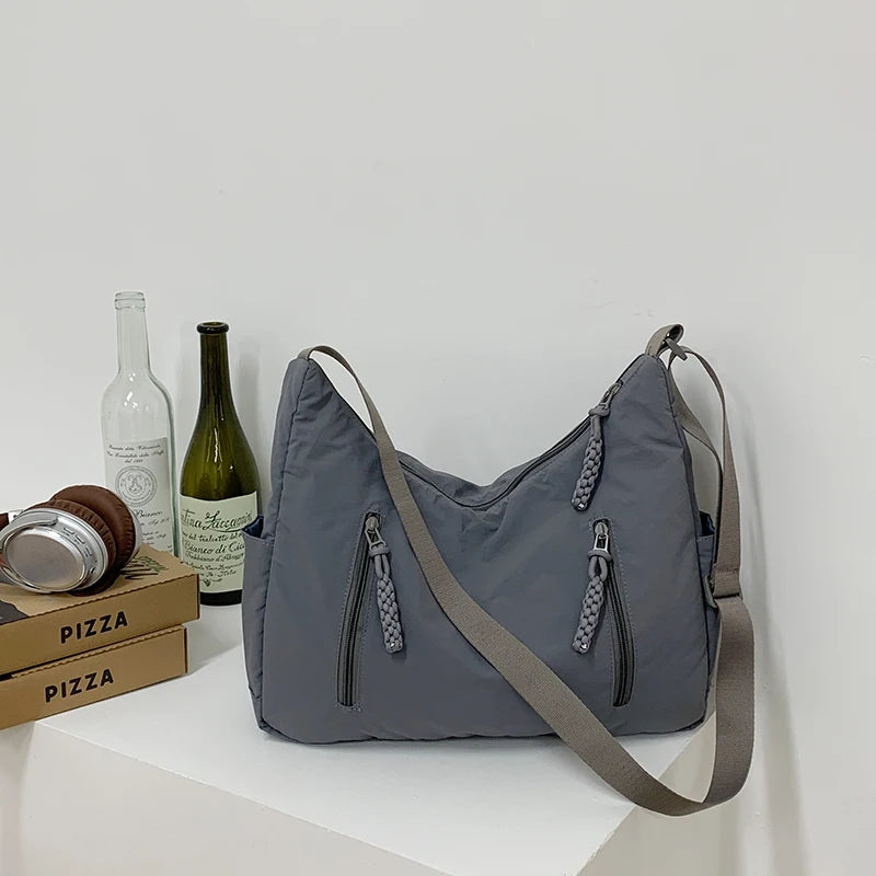 Trendy Women’s Large Crossbody Fabric Bag – Solid Color Student Style Shoulder Tote