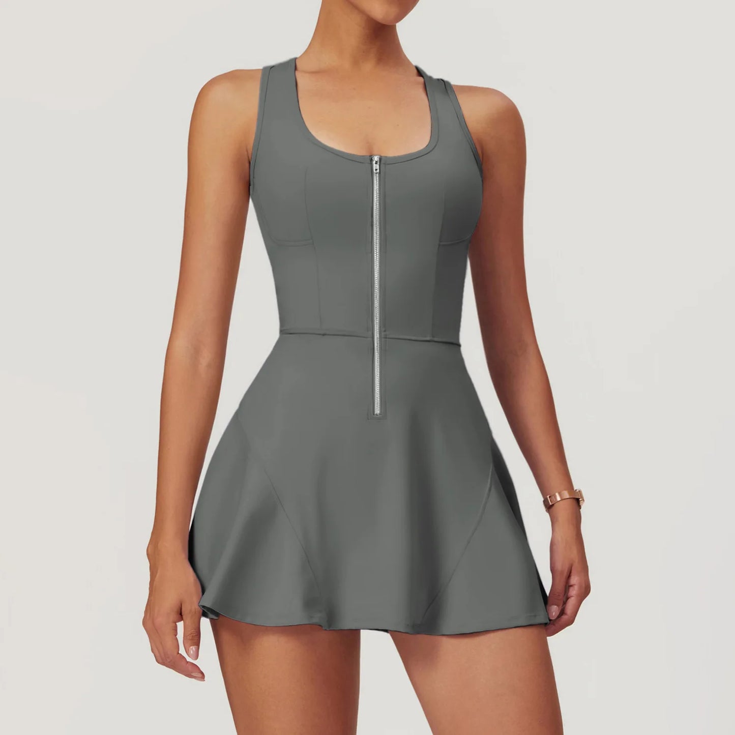 Women’s Skirt Jumpsuit Bodysuit – Zipper Front One-Piece Activewear
