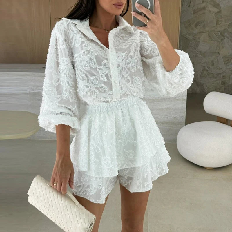 Lace Long Sleeve Shirt and Shorts Set