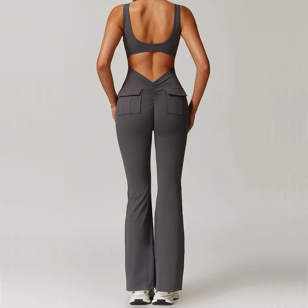 Women's V-Back Pocket Jumpsuit – Flared Leg Fitness Bodysuit