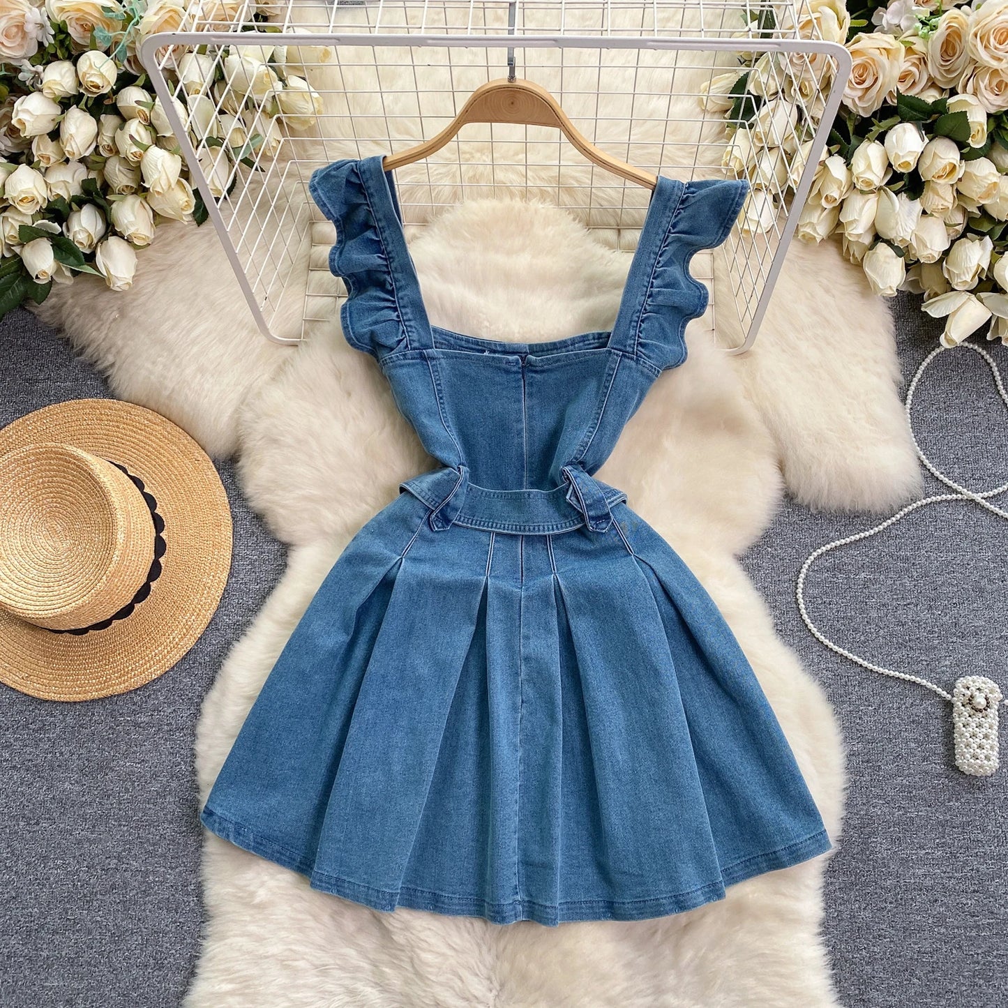 SINGREINY Women High Street Denim Dress Square Collar Short Flying Sleeves Belt Pleated 2024 Summer INS Preppy Style Sweet Dress