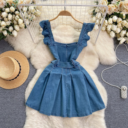 SINGREINY Women High Street Denim Dress Square Collar Short Flying Sleeves Belt Pleated 2024 Summer INS Preppy Style Sweet Dress