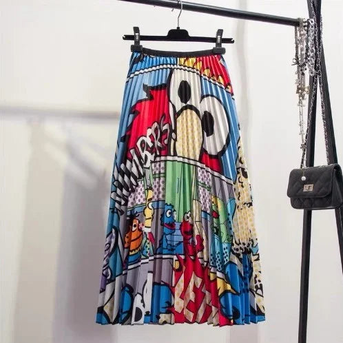 Women’s Cartoon Print Pleated Skirt – High Waist Big Swing Skirt