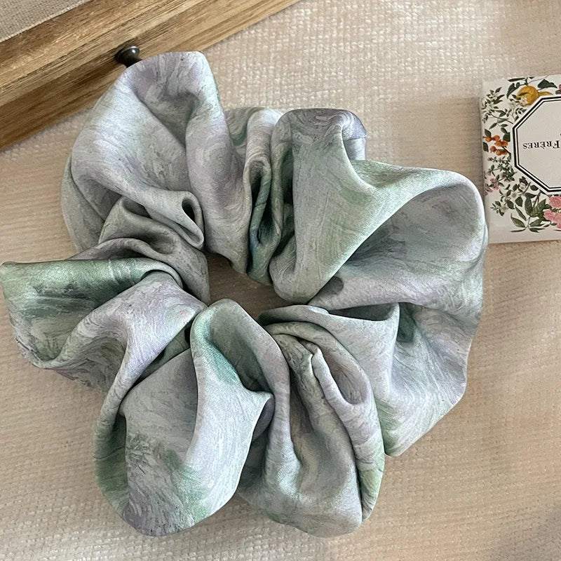Elegant Blue Satin Bow Hair Scrunchie – Floral Oil Painting Design