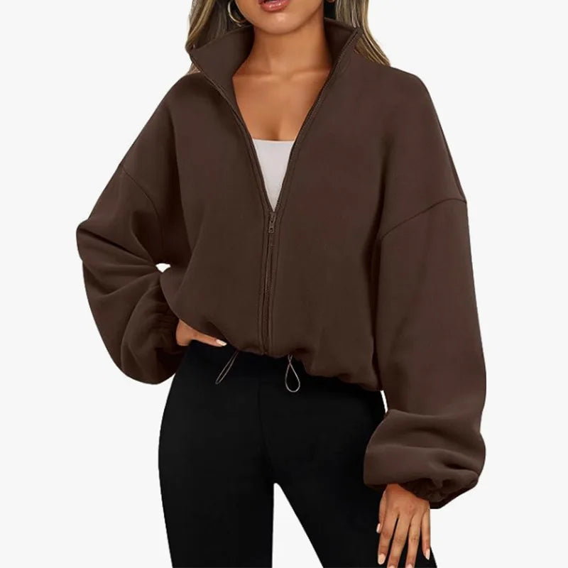 Women’s Fleece-Lined Sports Sweatshirt – Casual Loose Crop Top with Long Sleeves