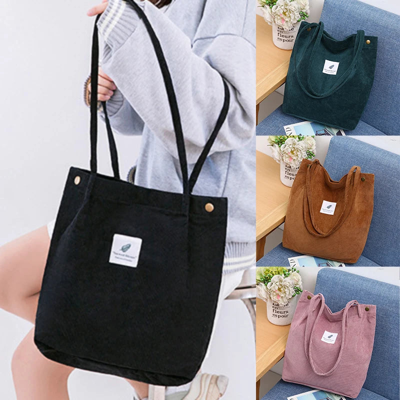 Women’s Cotton Corduroy Shoulder Tote Bag – Reusable Casual Eco Shopping Bag