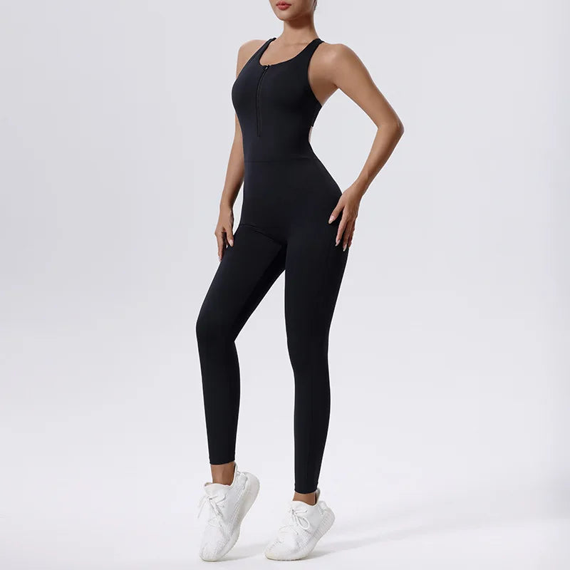 Women’s One-Piece Zipper Yoga Bodysuit – Slim Fit Workout Jumpsuit
