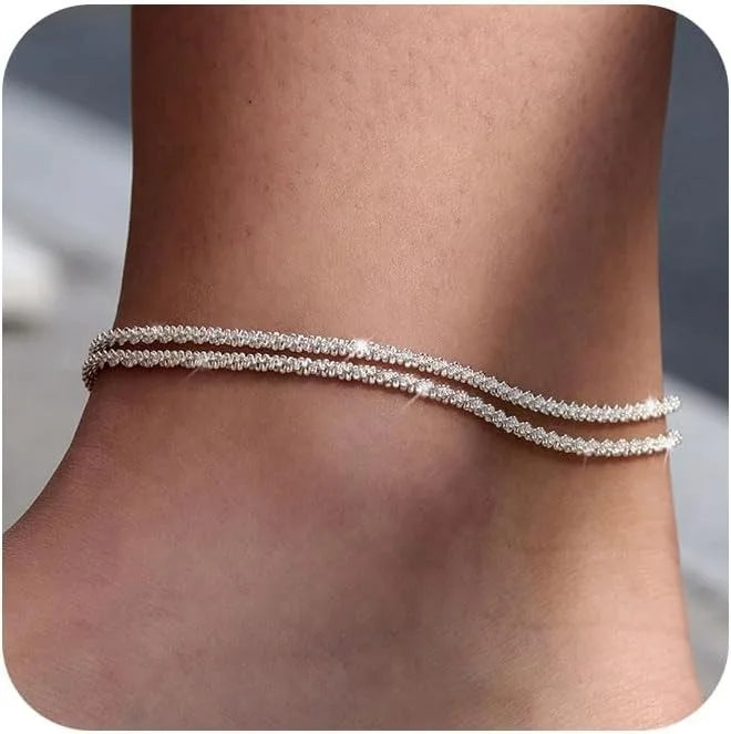 Double-Layer Beaded Anklet – Gold & Silver