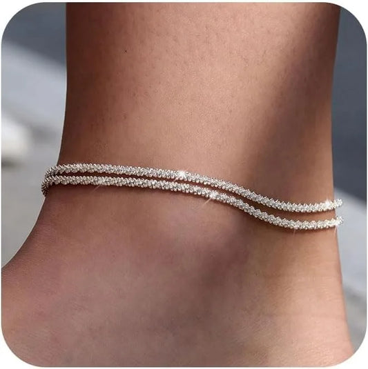 Double-Layer Beaded Anklet – Gold & Silver