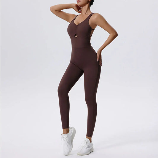 Women’s Stretch Yoga Gym Jumpsuit – Open Back Push-Up Fitness Bodysuit