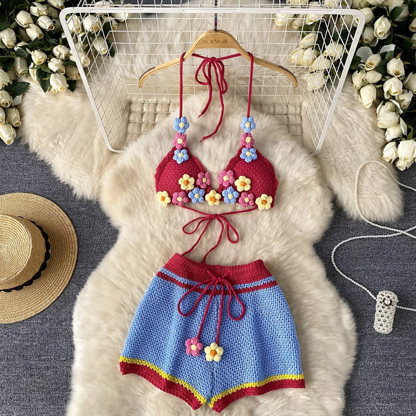 3D Floral Crochet Summer Set – Halter Bra Top + Wide-Leg Shorts