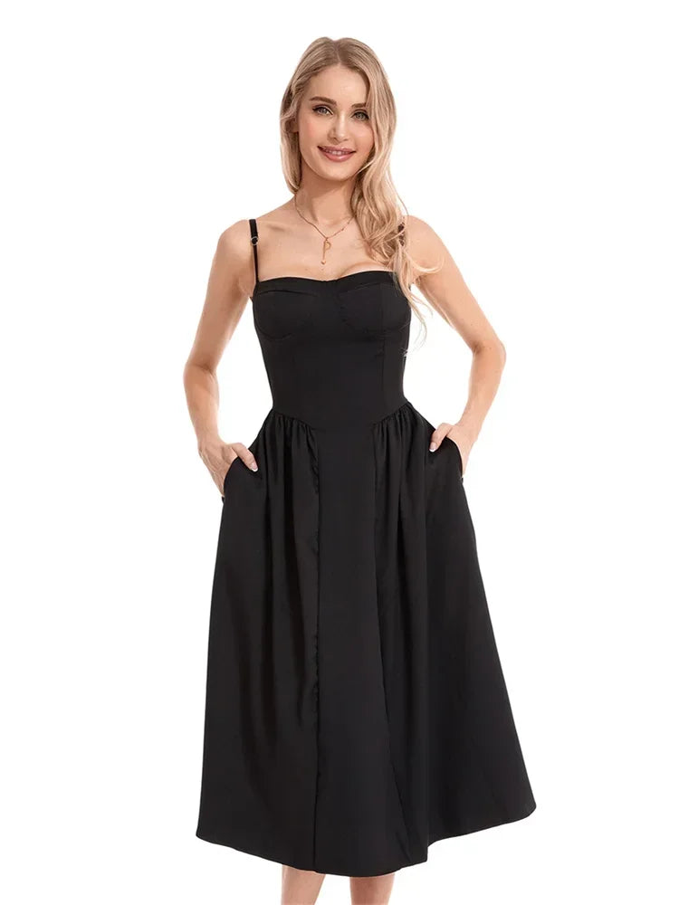 Elegant Spaghetti Strap Midi Dress