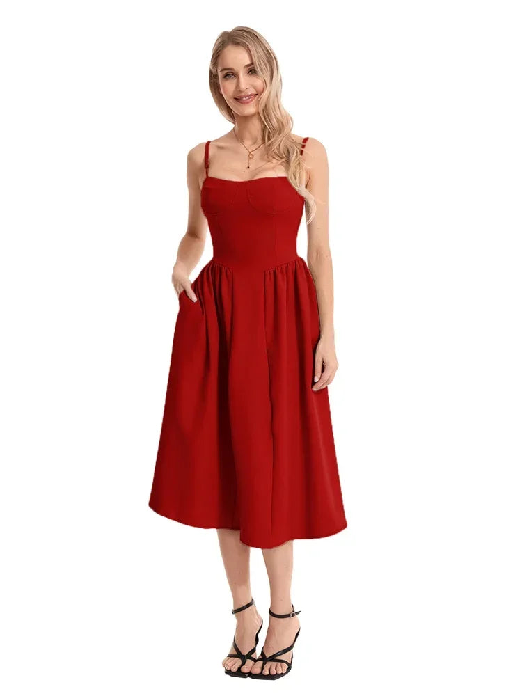 Elegant Spaghetti Strap Midi Dress