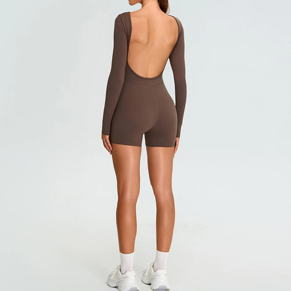 Women's Long Sleeve Backless Yoga Jumpsuit – Elegant Fitted Bodysuit