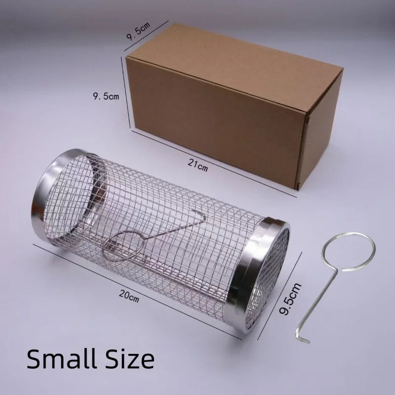 Rotating Stainless Steel BBQ Basket – Mesh Grill Cage for Vegetables, Meat & Fish