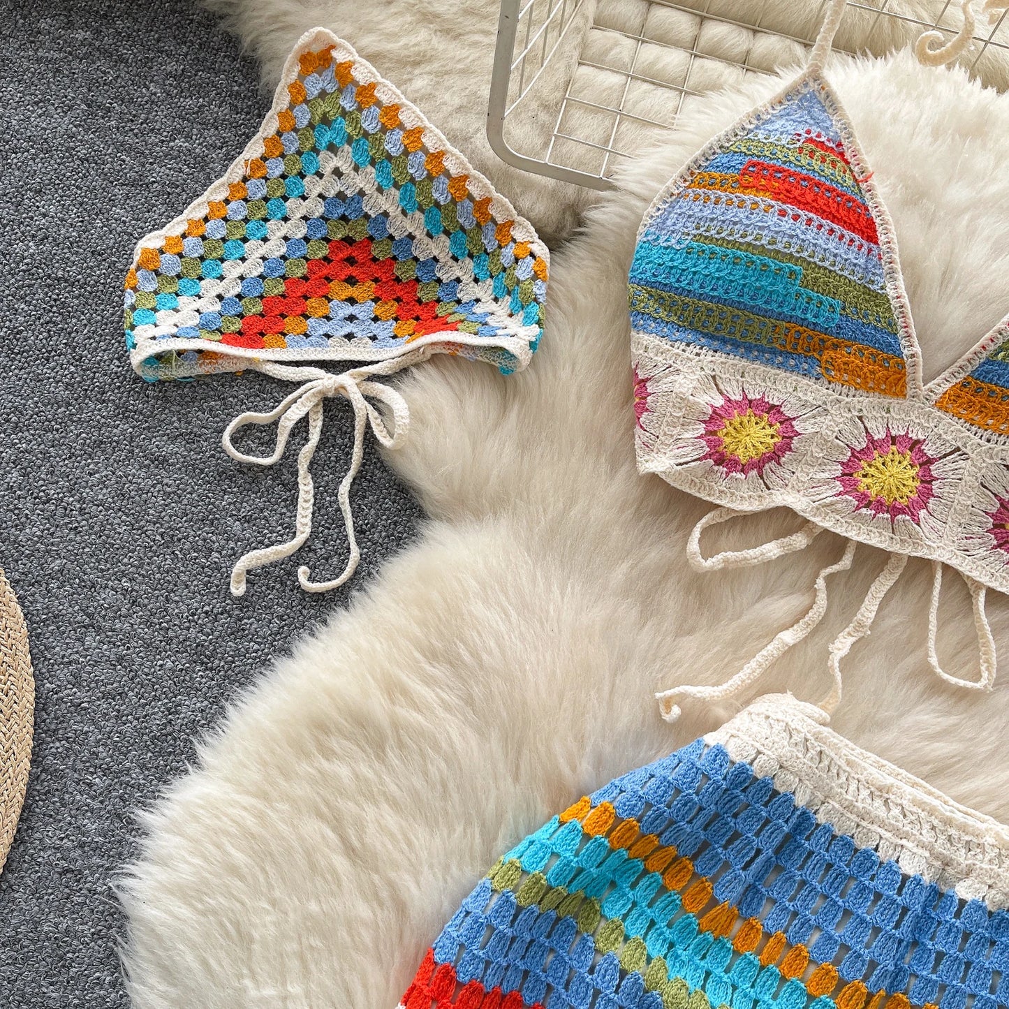 Bohemian Crochet 3-Piece Set – Colorful Halter Top + Mini Skirt + Shorts