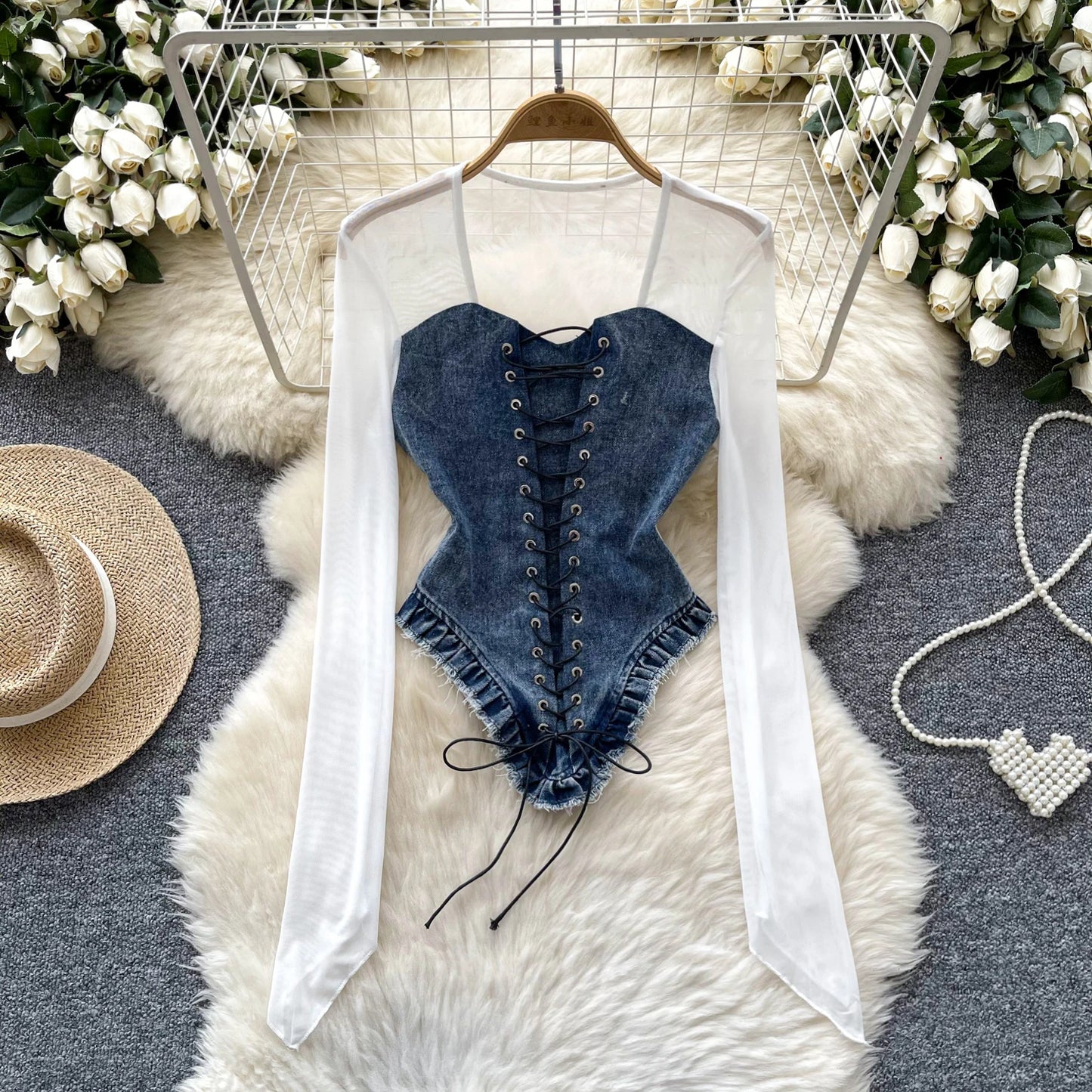 Women's Denim Corset Blouse with Sheer Long Sleeves – Patchwork Style