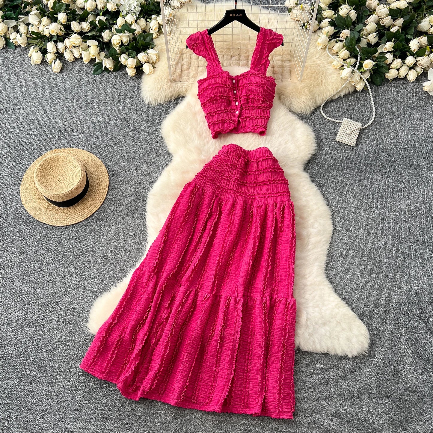 SINGREINY Casual Beach Style 2pcs Set – Camisole + A-Line Fold Slim Skirt (Rose Red)