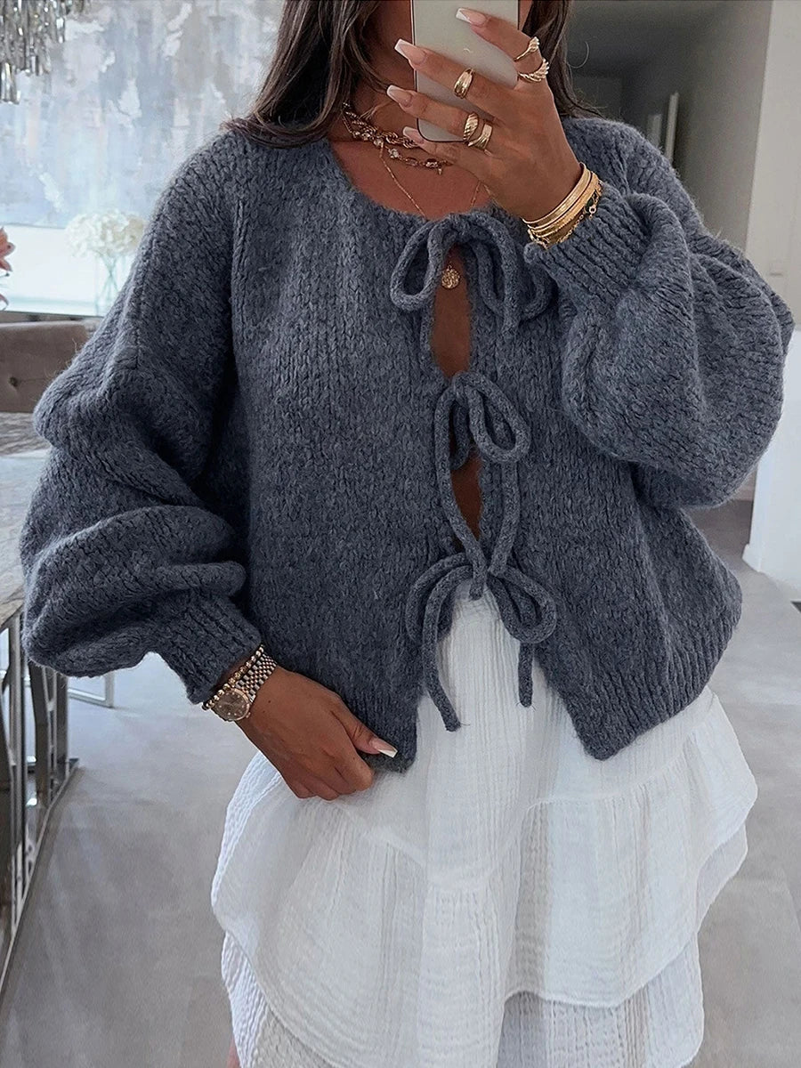 Knitted Bow-Tie Front Oversized Cardigan