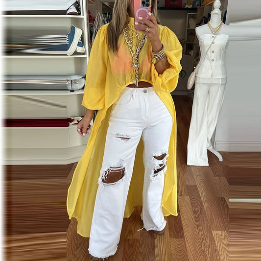 Asymmetrical Long Puff Sleeve Blouse