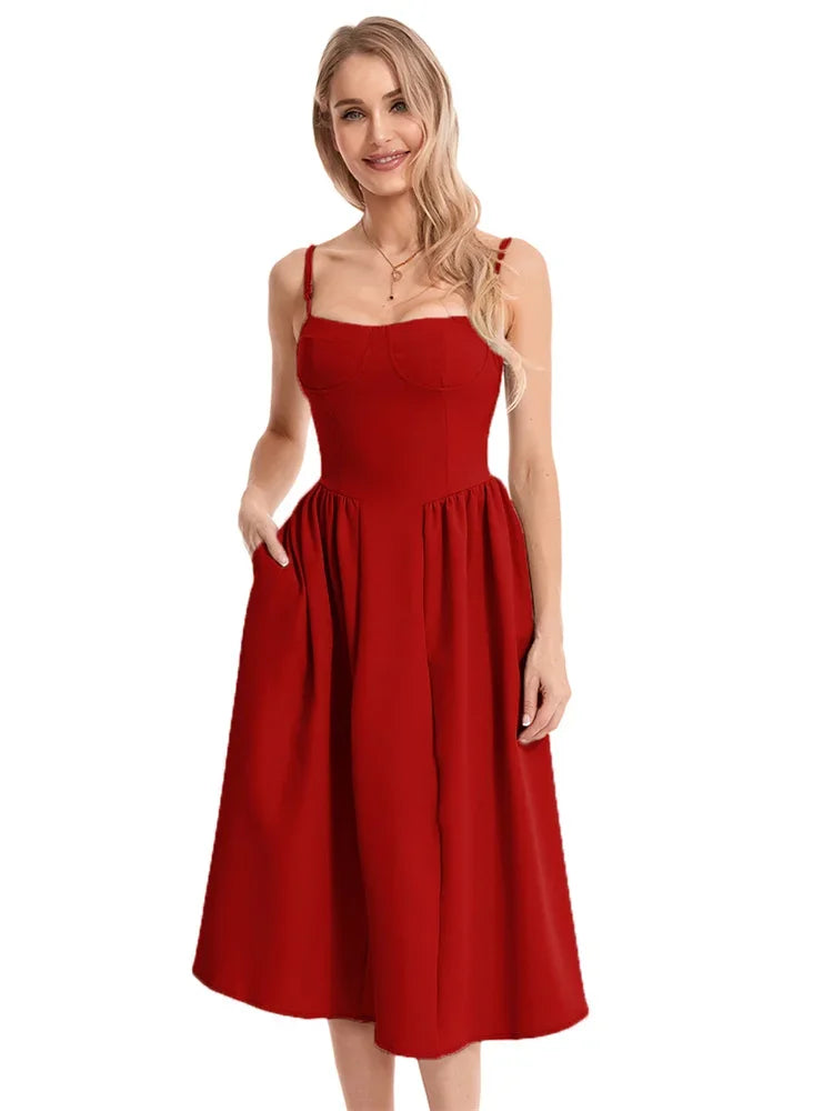 Elegant Spaghetti Strap Midi Dress