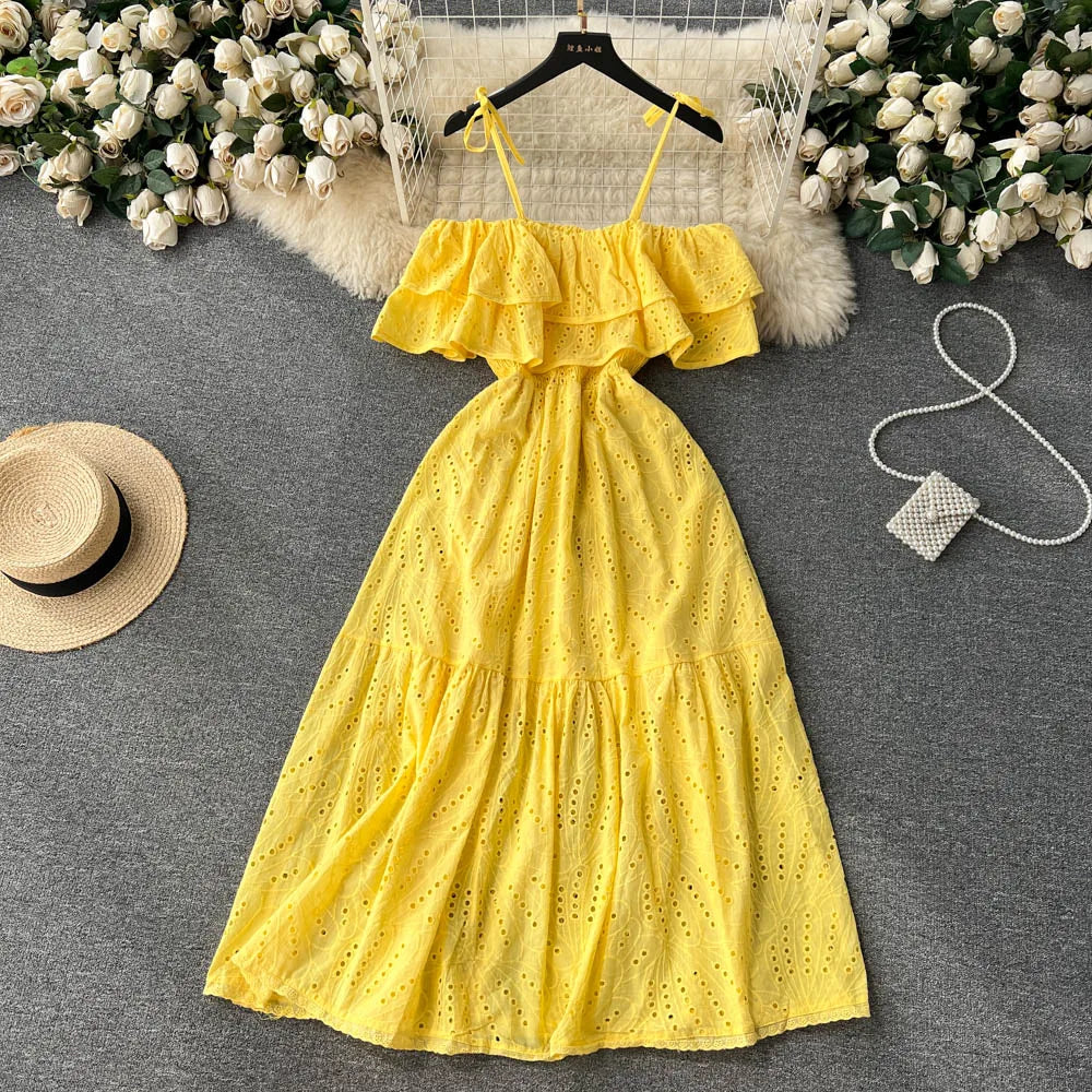 High Street Cotton Embroidery Off-Shoulder Backless Beach Dress – Long Summer Sundress