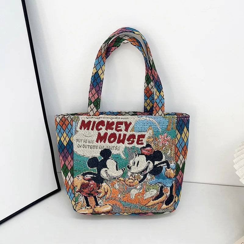 Retro Cartoon Canvas Shoulder Bag – Mickey, Minnie & Pooh Stylish Tote for Shopping & Daily Use