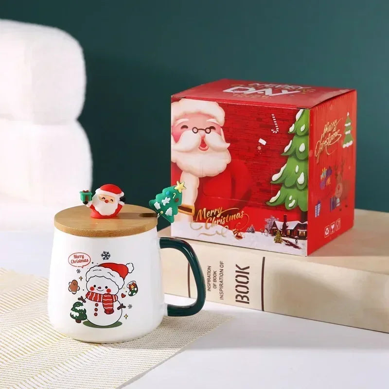 Christmas Ceramic Mug Set with Lid & Spoon – Holiday Edition