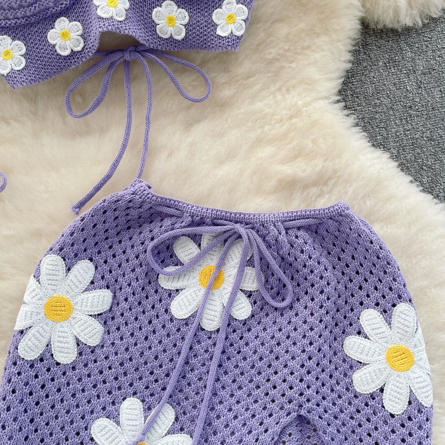 Korean Style Hollow Crochet 2-Piece Set – Halter Tie Front Top + Drawstring Split Mini Skirt with Flowers