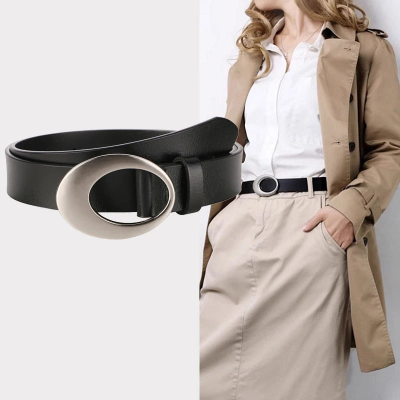 Genuine Leather Belt with Silver Buckle for Women