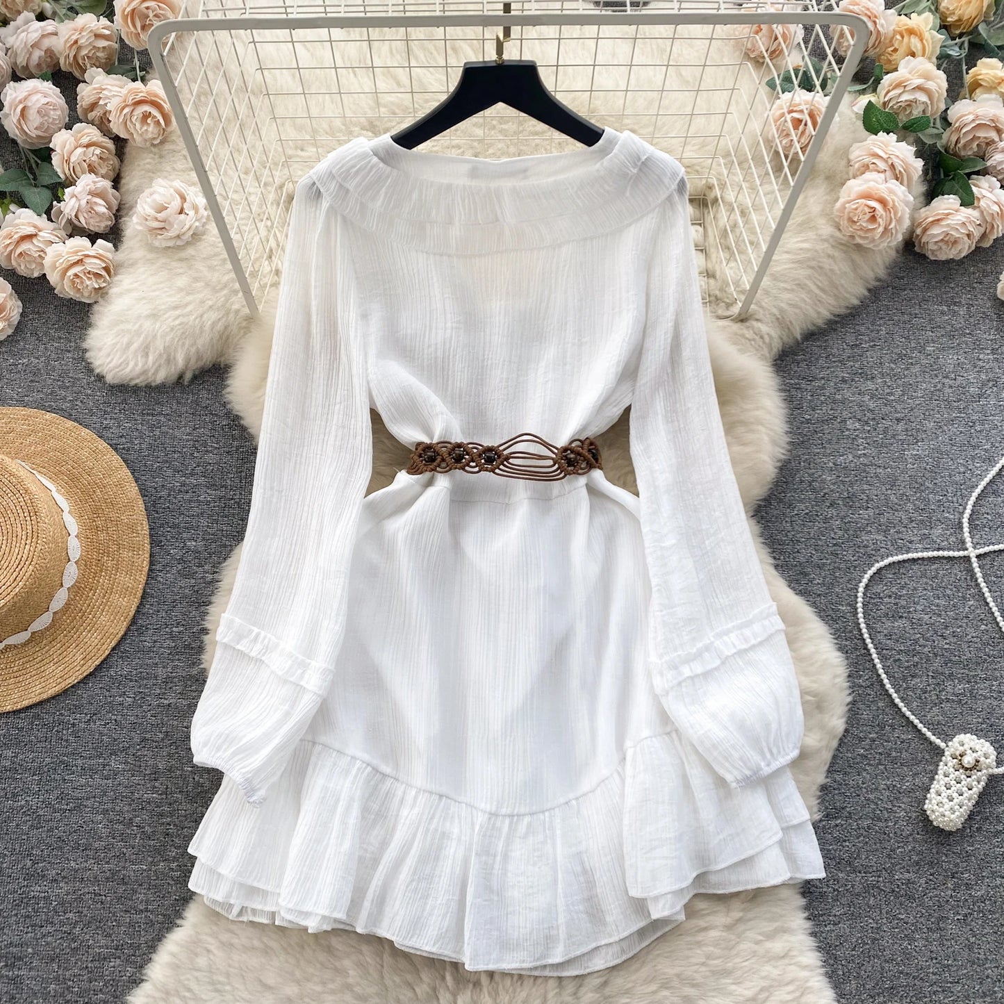White Boho Ruffle Midi Dress – Lace-Up V-Neck