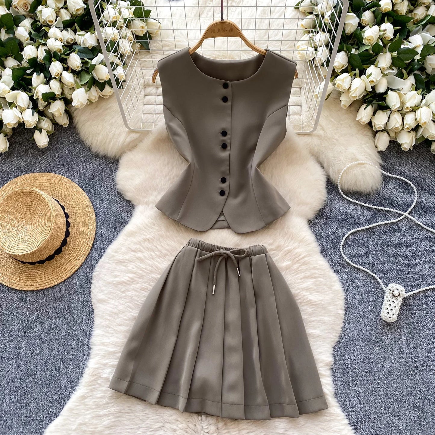 SINGREINY Elegant Solid OL Sets Blouse + Pleated Skirt – Two-Piece Suit
