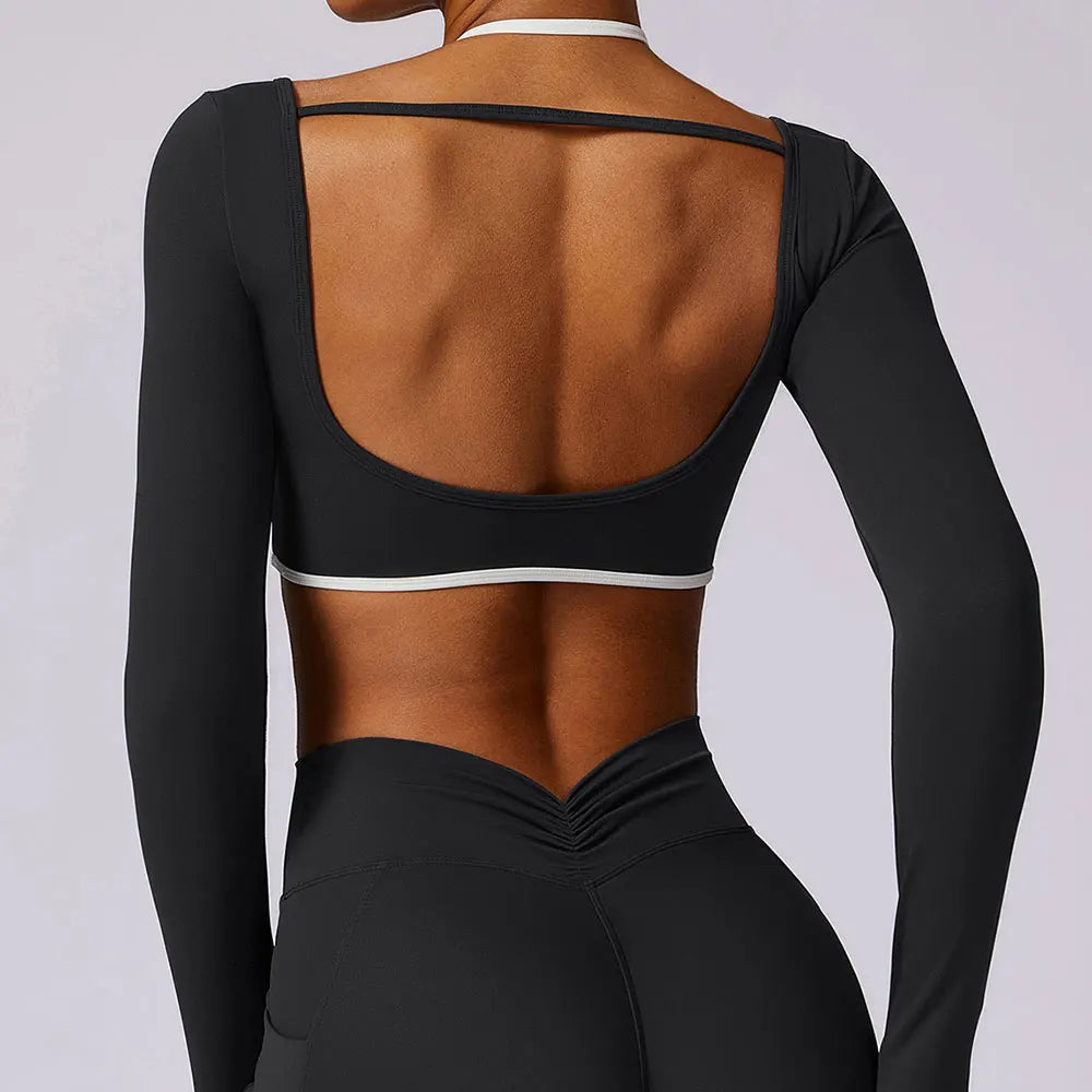 Long Sleeve Hollow-Back Yoga Top – Dry Fit Elastic Fitness Shirt