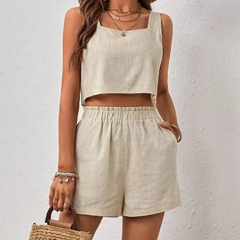 Women’s Cotton Linen Summer Set – Sleeveless Open-Back Top & Shorts
