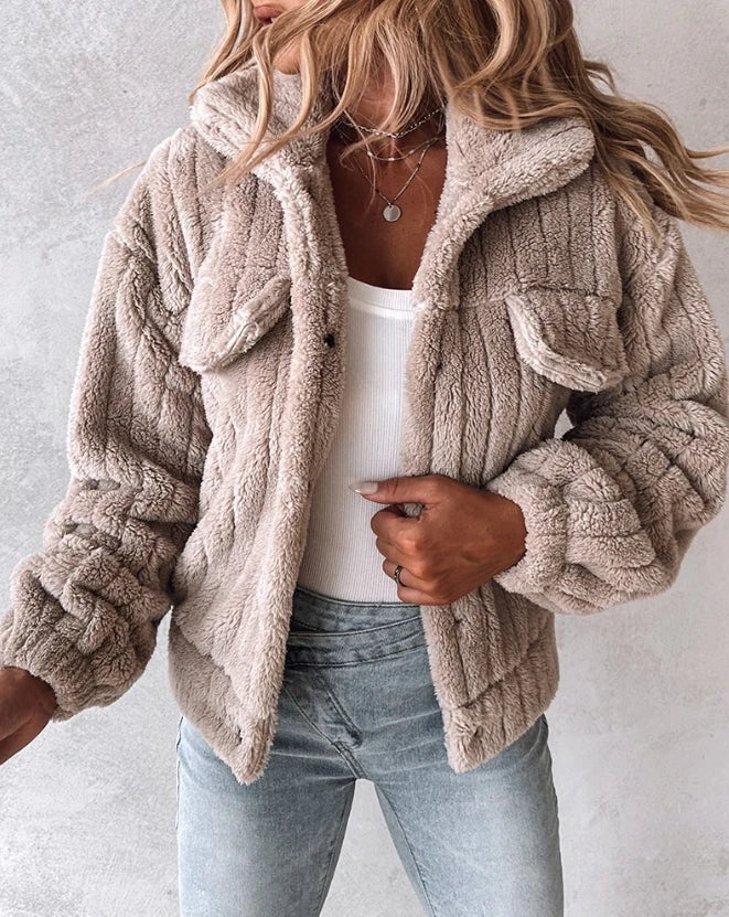Checkered Fleece Button-Up Teddy Jacket