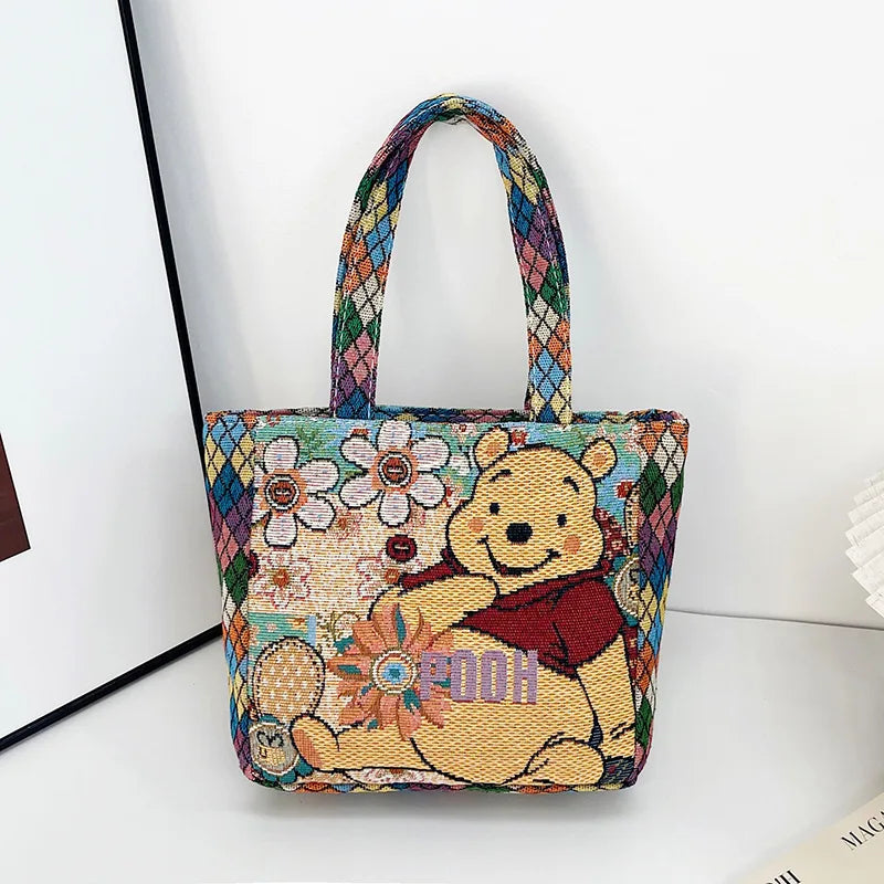 Retro Cartoon Canvas Shoulder Bag – Mickey, Minnie & Pooh Stylish Tote for Shopping & Daily Use